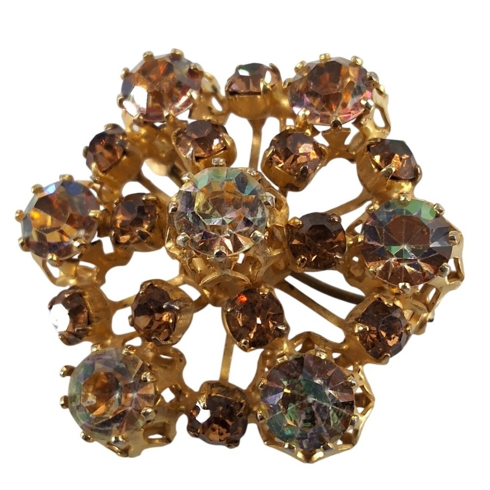 Vintage Signed Austria Amber Topaz Aurora Borealis Rhinestone Floral Brooch 1.25